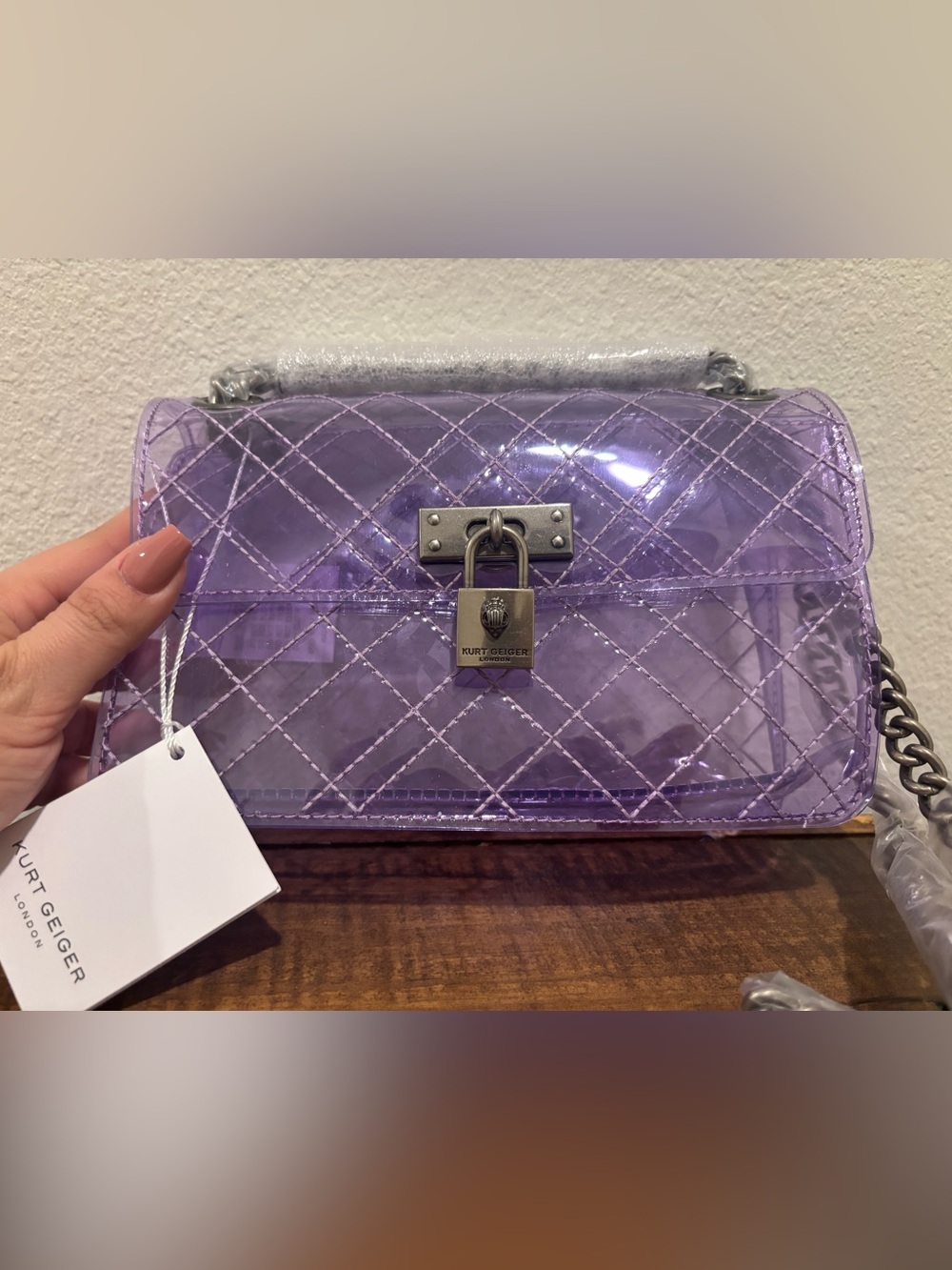 Kurt Geiger Lilac Quilted Clear Crossbody Bag with Chain Strap - Picture 3 of 5